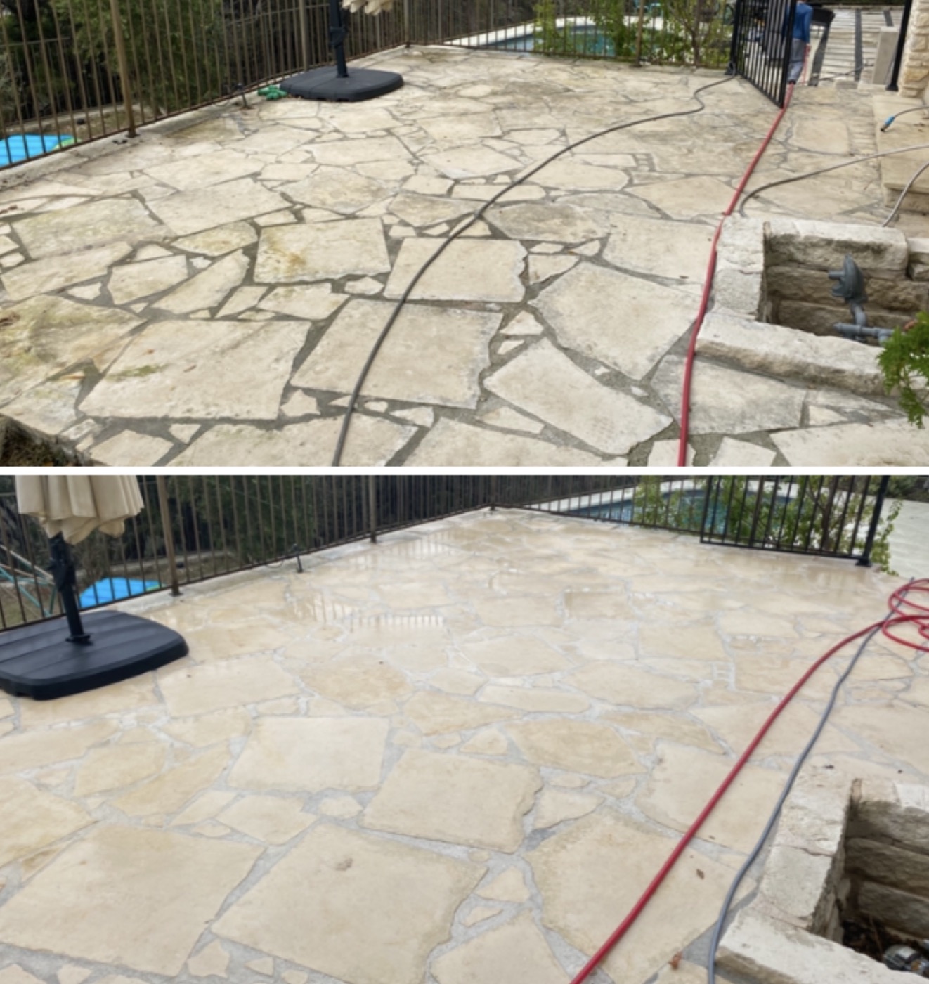 Stone patio before and after power washing